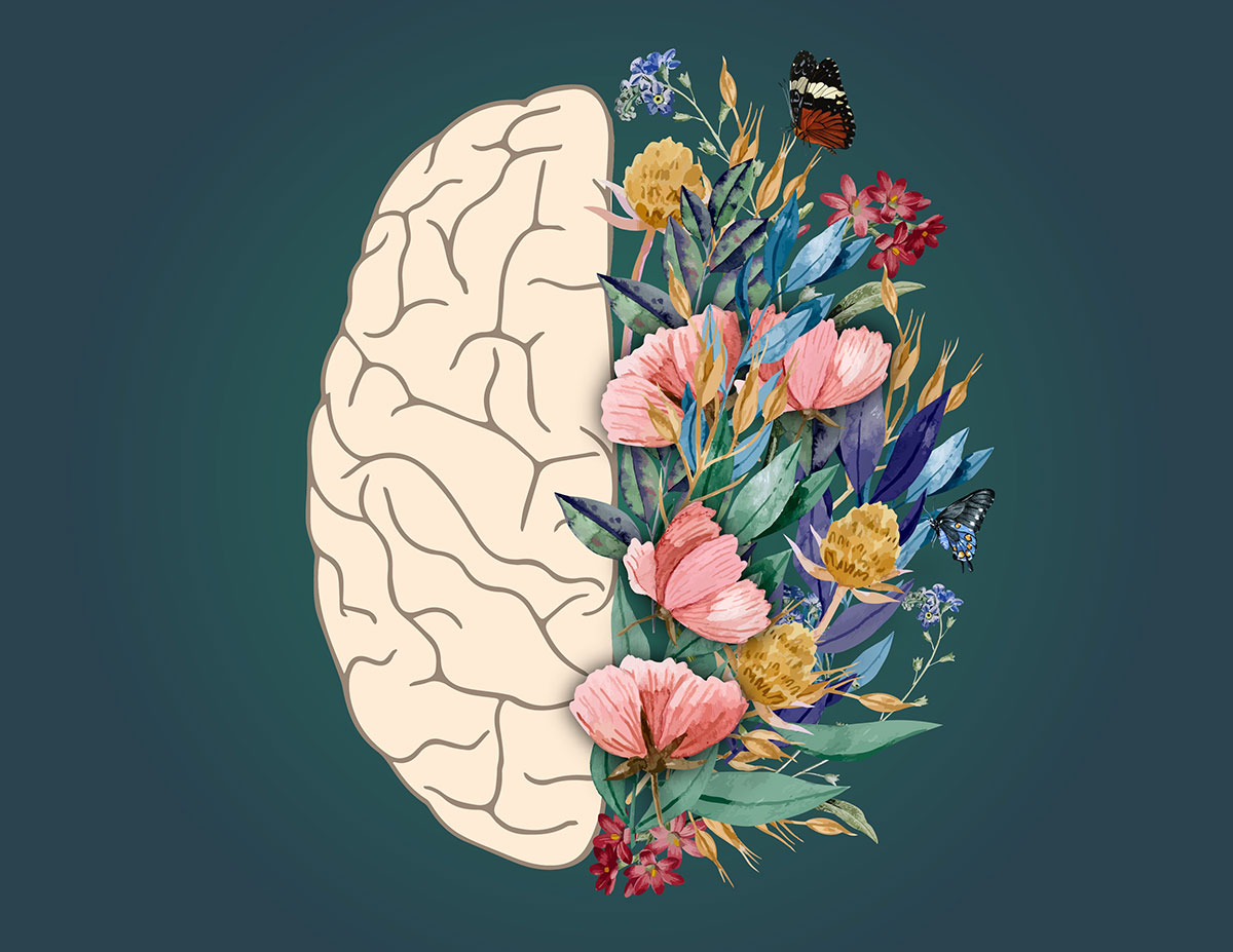 one side of a brain depicted, with the other side appearing to blossom with flowers and butterflies, against a dark green background